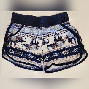 Chaba Navy & White Elephant Print Shorts, Elastic Waist, Made In Thailand